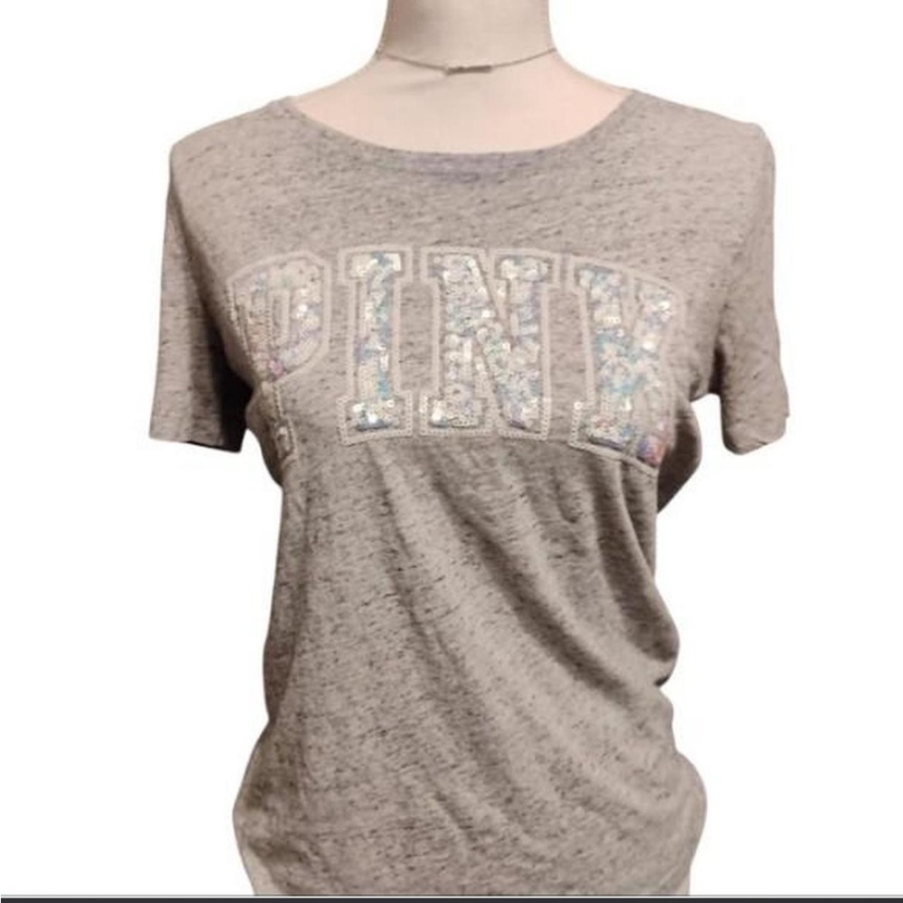 PINK Victoria's Secret Heather Gray Sequin Logo Short Sleeve Tee